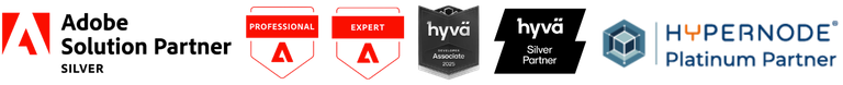 Logo's partners en certificaten: Adobe, Hyvä, Hypernode